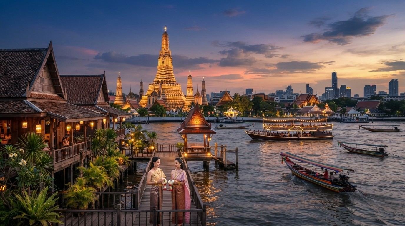 Wat Arun, el templo del amanecer, junto al río Chao Phraya en Bangkok