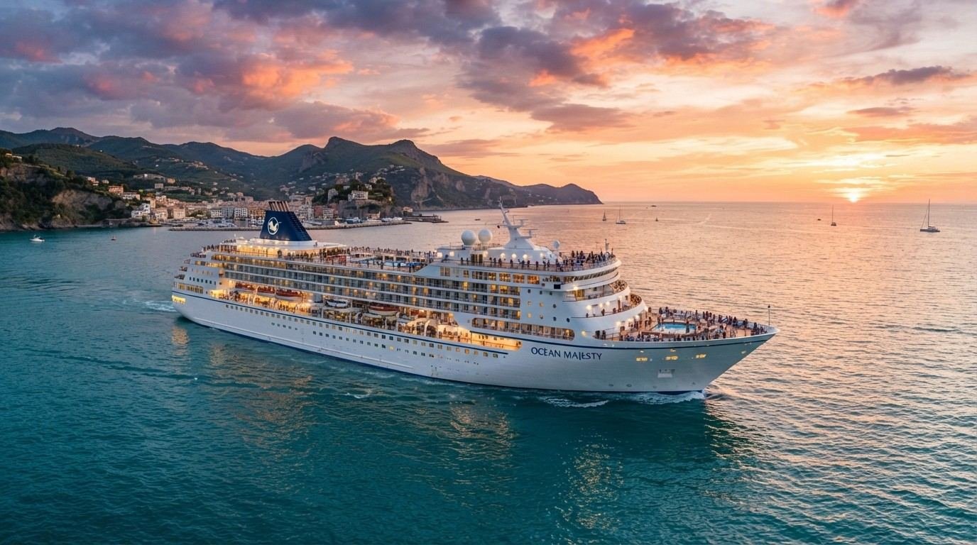 Crucero navegando frente a la costa al atardecer