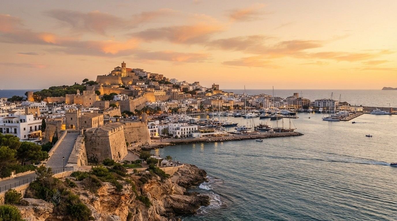 Vista del casco antiguo de Ibiza y su puerto al atardecer