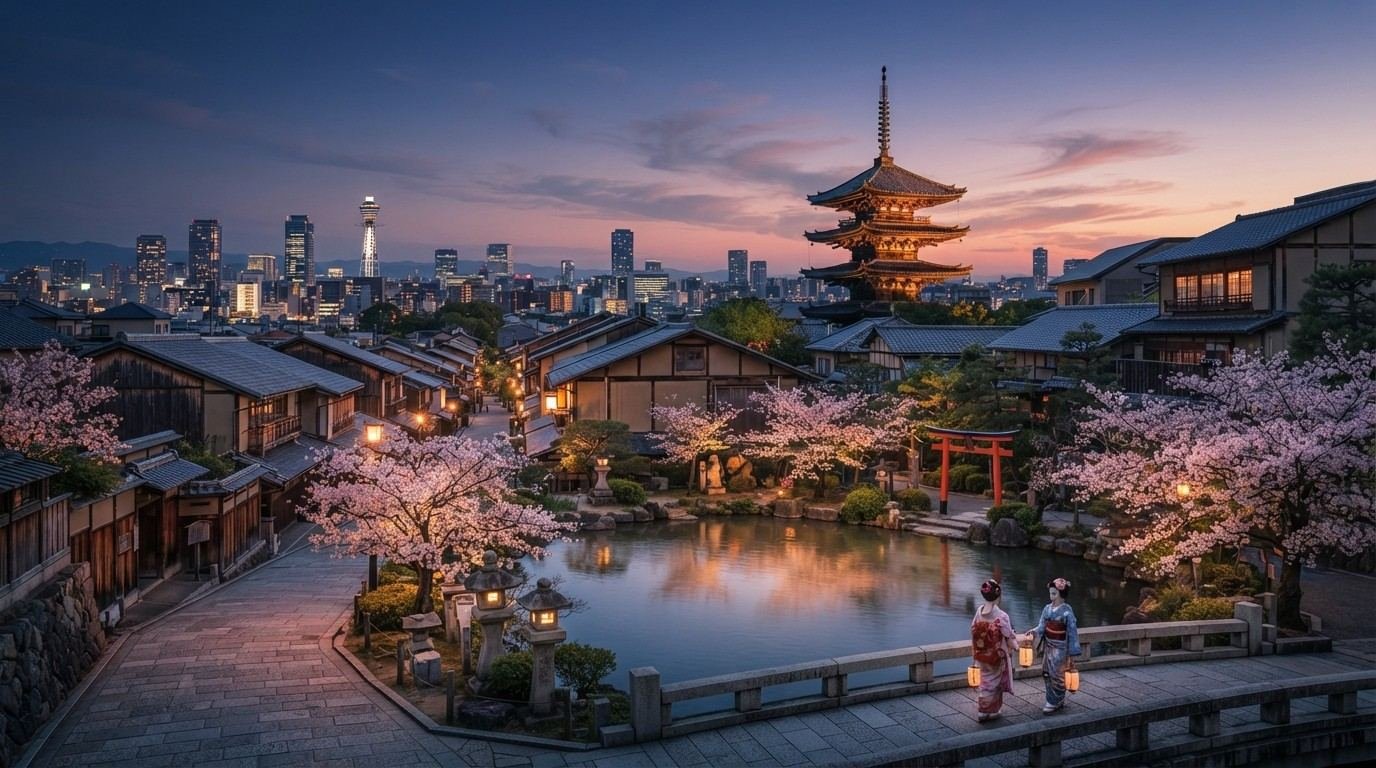 Pagoda de Kioto al atardecer entre cerezos en flor