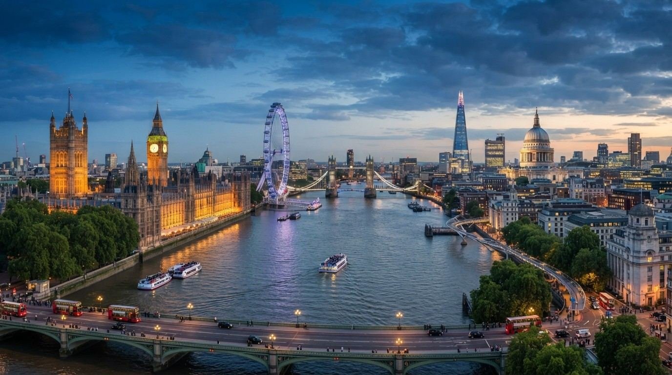 El Big Ben, el Parlamento y el London Eye junto al Támesis al atardecer