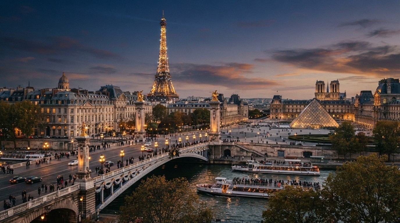 Torre Eiffel iluminada al atardecer junto al Sena, con el Louvre de fondo